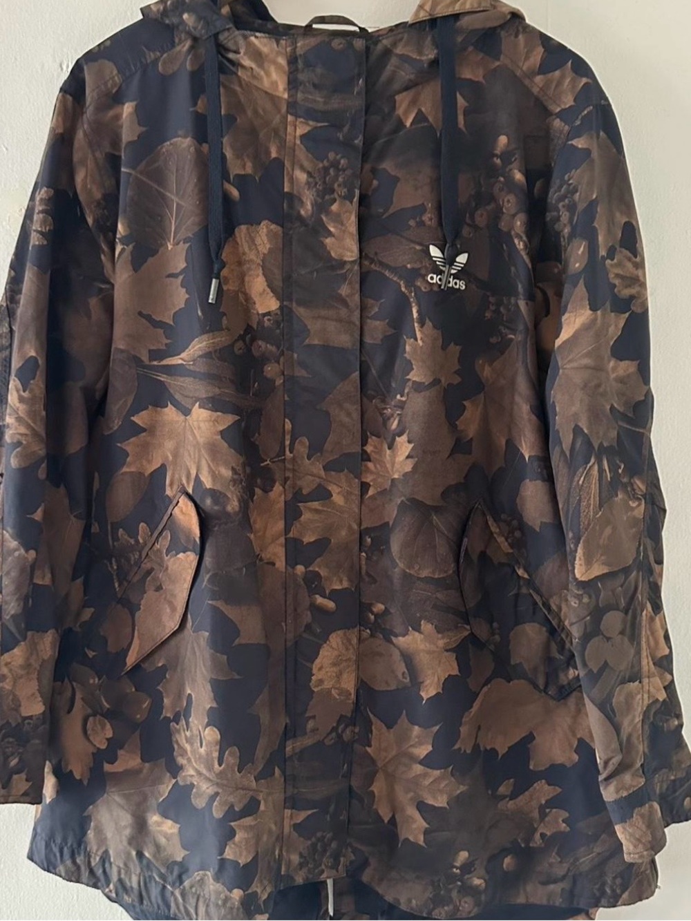 adidas Brown Leaf-Print Hooded Trench Coat
